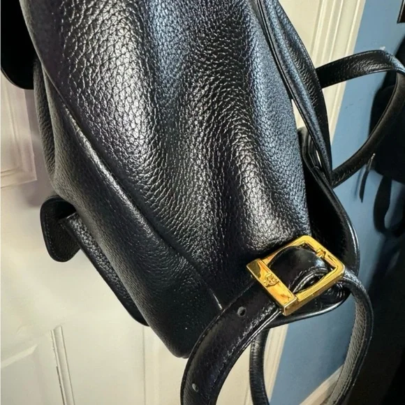 MCM Gold Studded Logo Black Pebbled Leather Backpack Tasseled Drawstring - Picture 6 of 15